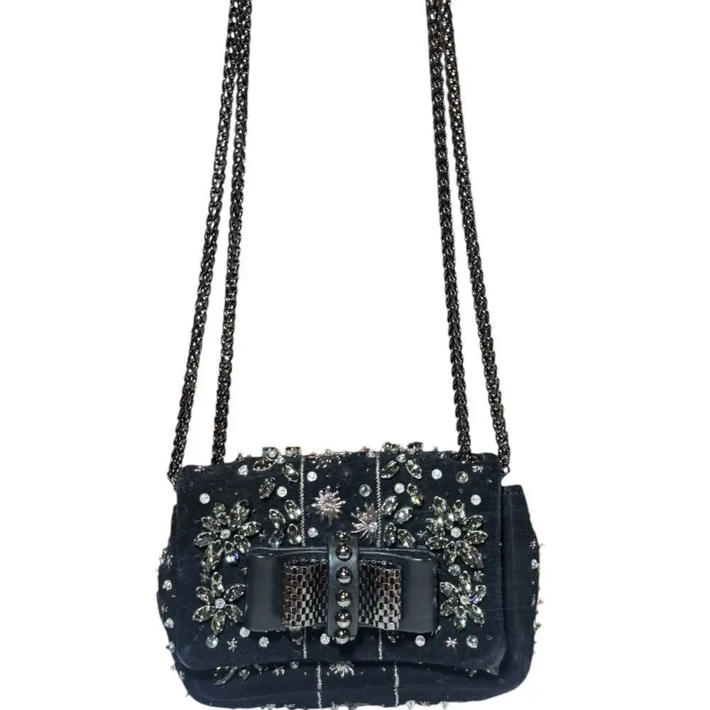 CHRISTIAN LOUBOUTIN Black Suede Sweet Charity Embellished Crossbody Evening Bag